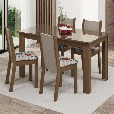 Imagem de Conjunto Sala De Jantar Mesa Tampo De Vidro 4 Cadeiras Rustic/crema/hibiscos Suzy Madesa
