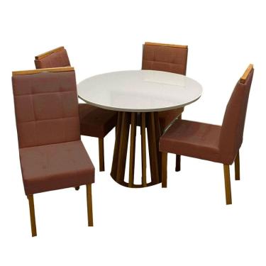 Imagem de Mesa de Jantar Berlim 100cm Redonda com Vidro e 4 Cadeiras Giulia em Veludo Estofadas Cel Móveis Cor Cinamomo Off White com Tecido Marrom