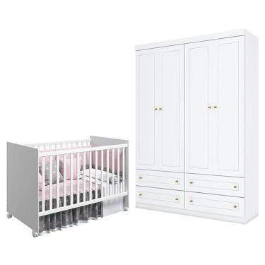 Imagem de Berço Nacional Mel Branco Acetinado - Reller e Guarda Roupa Infantil Americano 4 Portas Branco HP - Henn