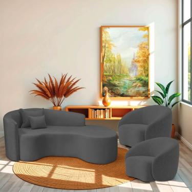 Imagem de Kit Recamier Curvo Sala De Estar Inglaterra 180cm Lado Direito E 2 Poltronas Orgânica Luxo Amore Linho Cinza Escuro