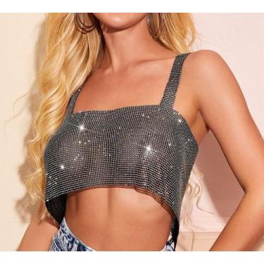 Imagem de B0403-Blusa Top Cropped Strass Pedraria Brilho Prateado Dourado Preto 