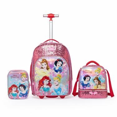 Imagem de Kit Mochila Lancheira Estojo Feminina Infantil Princesas Rodinha Escolar Disney-Feminino