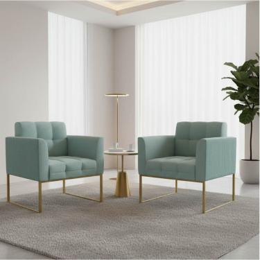 Imagem de Poltrona Sala Decorativa Kit 2 Elisa Base Industrial Dourada Cotelê Ext/Veludo Menta D03 - D'Rossi