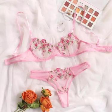 Imagem de Conjunto Lingerie Bordado Floral Transparente ElaShopp, Rosa