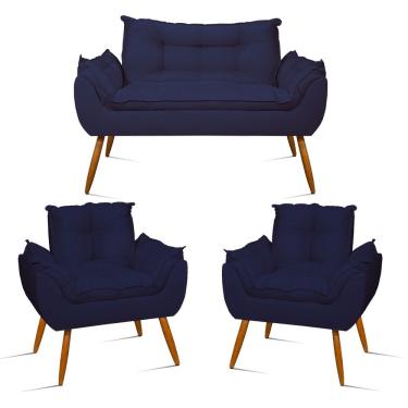 Imagem de Kit Namoradeira e 2 Poltronas Luxo Azul Marinho Suede Fibra Siliconada Azul Balaqui Decor