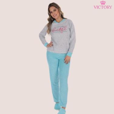 Imagem de Pijama Feminino Adulto Plush Quente Estampado - Victory, Azul, P