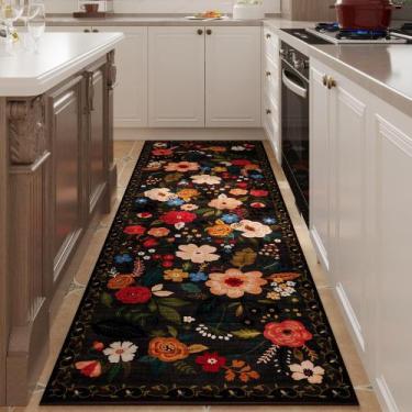 Imagem de Tapete Runner Rugcomf lavável antiderrapante 60x180cm preto floral