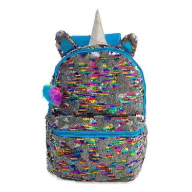 Imagem de Mochila Escolar Infantil Unicórnio Azul Paetê Lantejoulas Clio Menina 