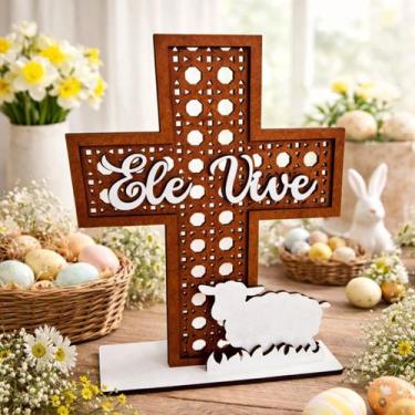 Imagem de Cruz Decorativa Ele Vive em MDF 25cm  Decoração Cristã de Páscoa para 