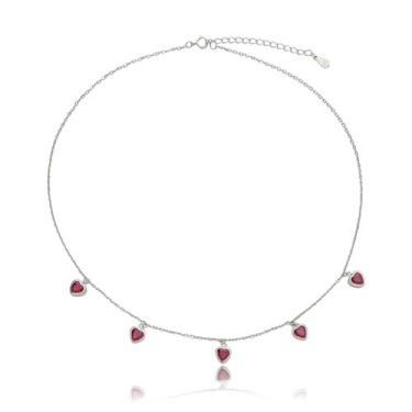 Imagem de Gargantilha 5 Corações Zircônia Rosa Prata 925 Feminina - Nome de Prat