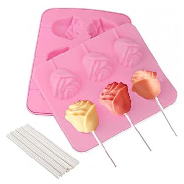 Imagem de Molde de pirulito de flor rosa 3D 2 peças de silicone molde de doces em forma de rosa com 20 unidades de varas para doces gelatina Fondant de chocolate e polímero de argila Bolo Topper Decoração