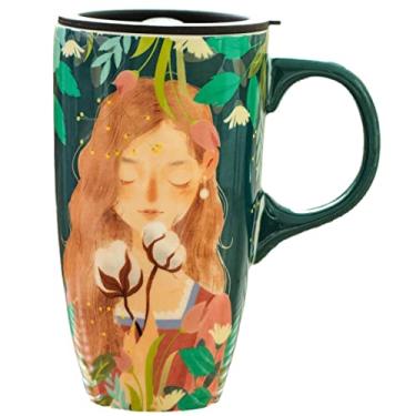 Imagem de Caneca de menina da floresta com tampa com pintura de cerâmica, xícara de café, caneca de chá escritório, casa (verde menina)