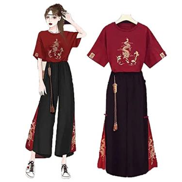Imagem de Rock88 Conjunto de camiseta estilo chinês + calça Kung Fu de perna larga feminina casual de verão estilo praia roupas respiráveis, vermelho, 1