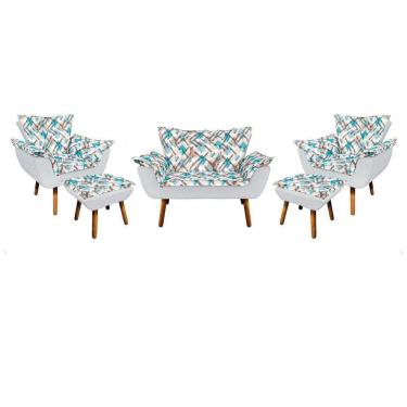 Imagem de Kit 01 Namoradeira 02 Poltronas 02 Puffs Estampado Pés Palito