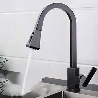 Imagem de Torneira de bacia de cozinha preta, puxador único, rotação de 360 ​​graus giratória, torneira misturadora de água quente e fria, torneira de água de cozinha, bronze preto, china