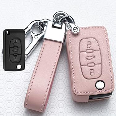 Imagem de CSHU Leather Car Key Case Cover, Fit For Peugeot 107 206 207 208 306 307 301 308S 407 2008 3008 4008 5008 RCZ Citroen C1 C2 C3 C4 C5,B,pink