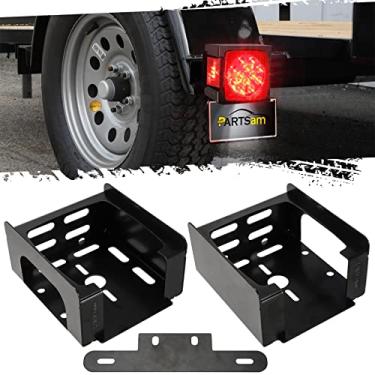Imagem de Partsam 1 conjunto quadrado preto caixa de montagem de luz traseira esquerda direita e suporte de placa de licença capa de proteção aço resistente S45C 1045 com parafusos para trailers abaixo de 80" barco caminhão campista marinha RV
