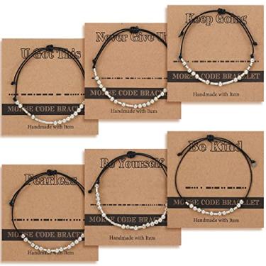 Imagem de 6 peças pulseiras Morse Code para mulheres contas de prata amizades joia inspiradora inspiradora corrente motivacional pulseiras presente, Aço inoxidável, Sem pedras preciosas