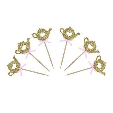 Imagem de 24 peças de enfeite de bolo, bule de chá dourado com glitter para decoração de aniversário de casamento e chá de bebê