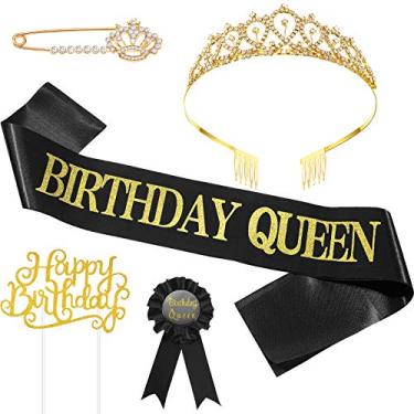 Imagem de 5 peças de acessórios de aniversário, incluindo faixa rainha de aniversário, tiara, broche de folha de flandres, broche de clipe e topo de cupcake de feliz aniversário para mulheres, lembrancinhas de