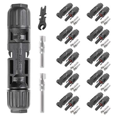 Imagem de BeideLt Conectores de cabo de painel solar Mc-4 com ferramenta de montagem, 10 pares de adaptador de fio solar de cobre macho/fêmea conector à prova d'água para conectar painéis solares 1000 V 30 A