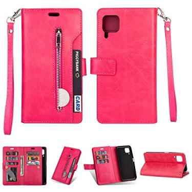 Imagem de Capa para Huawei P40 Lite, Carteira de Couro PU Folio Flip Case Bolso com Zíper Slots para Cartão Fecho Magnético Capa Protetora à Prova de Choque com Alça de Pulso para Huawei P40 Lite (Rosa Vermelho)