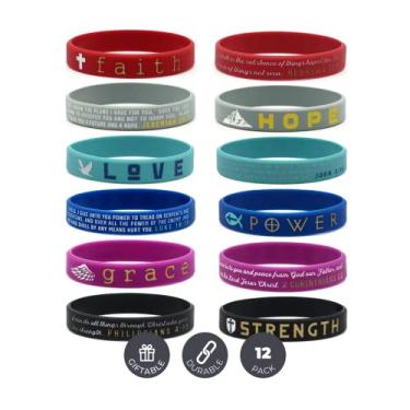 Imagem de Pacote com 12 pulseiras inspiradoras cristãs da Bíblia – Faith Hope Love Power Grace Strength – Pacote de com 1 dúzia de pulseiras de borracha de silicone em volume para presentes religiosos lembranças de festa