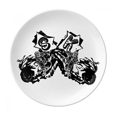 Imagem de Black Motorcycle Rider Placa de padrão de motocicleta decorativa de porcelana Salver louças de jantar