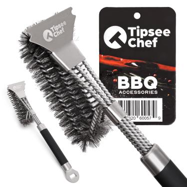 Imagem de TIPSEE CHEF Escova de limpeza e raspador de aço inoxidável com abridor de garrafas – Escova raspadora estendida para churrasco de 43 cm – Remoção de gunk resistente e segura para todas as grelhas – Cerdas de metal de arame trançado