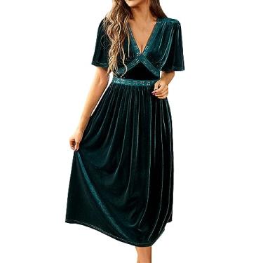 Imagem de UIFLQXX Vestido de coquetel feminino manga curta decote em V cor sólida veludo temperamento vestido elegante vestido evasê, Verde, G
