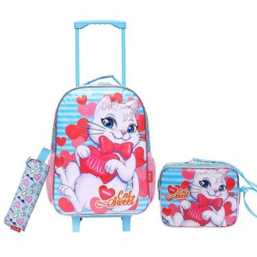 Imagem de Mochila Rodinha, Lancheira E Estojo Rosa E Azul Cat Sweet
