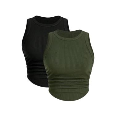 Imagem de MakeMeChic Pacote com 2 camisetas femininas de malha canelada gola redonda sem mangas franzidas, Preto e verde, P