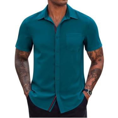 Imagem de COOFANDY Camisa social masculina casual de botão elástica manga curta com bolso, Azul-petróleo, P