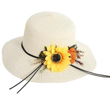 Imagem de Chapéu de sol feminino dobrável flexível com aba larga - adornado com girassol sintético, chapéu de pescador de palha elegante e macio para estilo e conforto, One size, Palha, Sem pedras preciosas