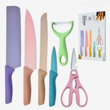Imagem de Conjunto Jogo Facas Coloridas 6 Peças Inox Kit Culinário Faqueiro Cozinha Churrasco Descascador Tesoura Multifuncional Gourmet Design Premium