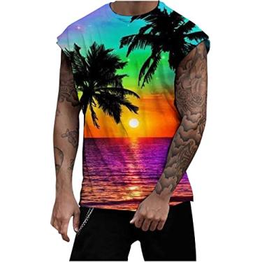 Imagem de Coletes masculinos gola redonda colete masculino treino atlético praia havaiana camiseta regata tropical verão outono 2024, D-420 multicolorido, XXG