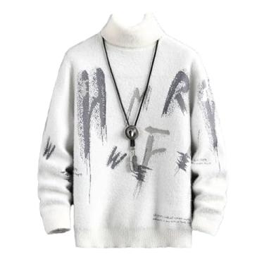 Imagem de ZMIN Suéter masculino quente de inverno cor sólida gola rolê manga longa pulôver masculino suéter quente de inverno, Branco, G