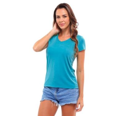 Imagem de Camiseta T-Shirt Feminina Gola V em Viscose Dry (P, Azul Mediterâneo)