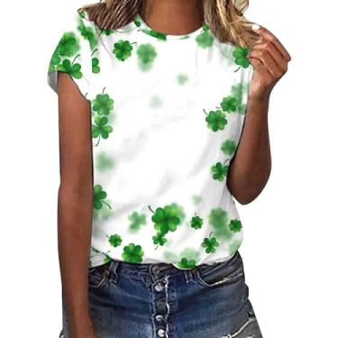 Imagem de Camiseta feminina com estampa de trevo do Dia de São Patrício, estampa de trevo e bandeira irlandesa, camiseta feminina Lucky Teen, Branco, XXG
