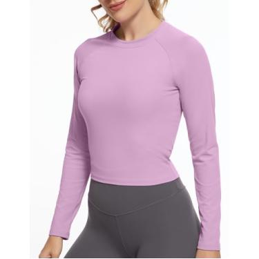 Imagem de GGOV Camisetas femininas de manga comprida cropped para ioga e ginástica roupas atléticas slim fit, Roxa, XGG
