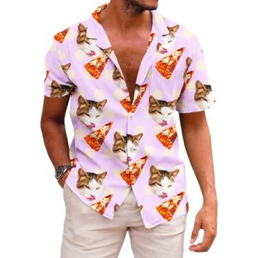 Imagem de KYKU Camisas masculinas casuais de botão camisa havaiana manga curta roupas de praia com bolsos, Lilás, M