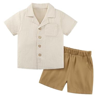 Imagem de Weixinbuy Conjunto de roupas para bebês meninos, roupa de verão, algodão, linho, manga curta, bolso superior, camisa de botão, conjunto curto, Bege, 18-24 Meses