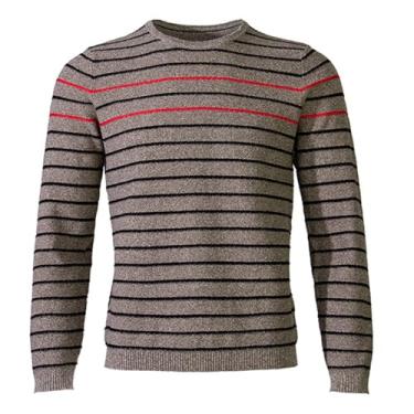 Imagem de Suéter masculino colorido listrado fino camada base gola redonda pulôver camada base borda canelada, Marrom-escuro, M
