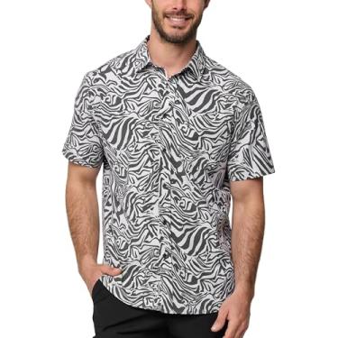 Imagem de INTO THE AM Camisa masculina casual de botão com estampa animal - camisa havaiana de férias de manga curta com botões relaxados, Animal bege preto, M