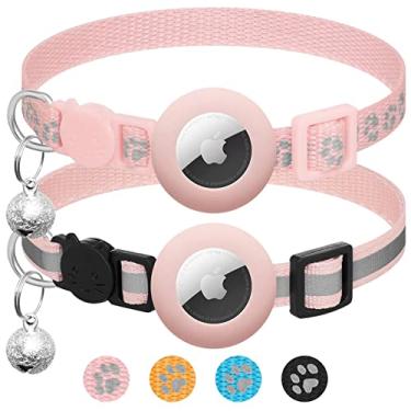 Imagem de Pacote com 2 Airtag Coleira de gato com sino, coleira refletiva para gatinho com suporte de coleira de gato Apple Airtag, ajustável de 18 a 30 cm, fivela de segurança para meninas, meninos, gatos, suprimentos para animais de estimação, acessórios, presentes (rosa)