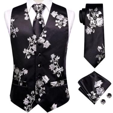 Imagem de Hi-Tie Conjunto de gravata masculina colete clássico colete e gravata lenço abotoaduras terno festa de casamento, Prata preta, Medium
