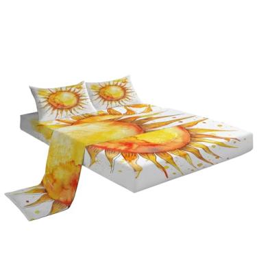Imagem de Eojctoy Jogo de lençol ultramacio, 4 peças, lençol de cama e fronhas com tema de sol, fácil de cuidar com lençol king size de 40,6 cm, confortável e respirável para casa
