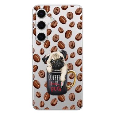 Imagem de Blingy's Capa para Samsung Galaxy S24, design fofo de pug com padrão de café adorável cachorro desenho animado animal estilo transparente macio TPU capa protetora transparente 6,2 polegadas (café pug)