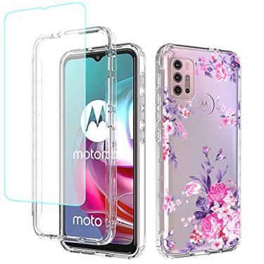 Imagem de sidande Capa para Moto G30/Moto G10, XT2129-1 XT2127-1 com protetor de tela de vidro temperado, capa protetora fina de TPU floral transparente para celular para Motorola Moto G30 (flor rosa)