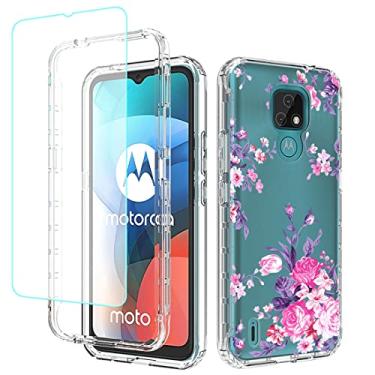 Imagem de sidande Capa para Moto E7, Motorola E7 XT2095-1 com protetor de tela de vidro temperado, capa protetora fina de TPU floral transparente para celular para Motorola Moto E7 (flor rosa)